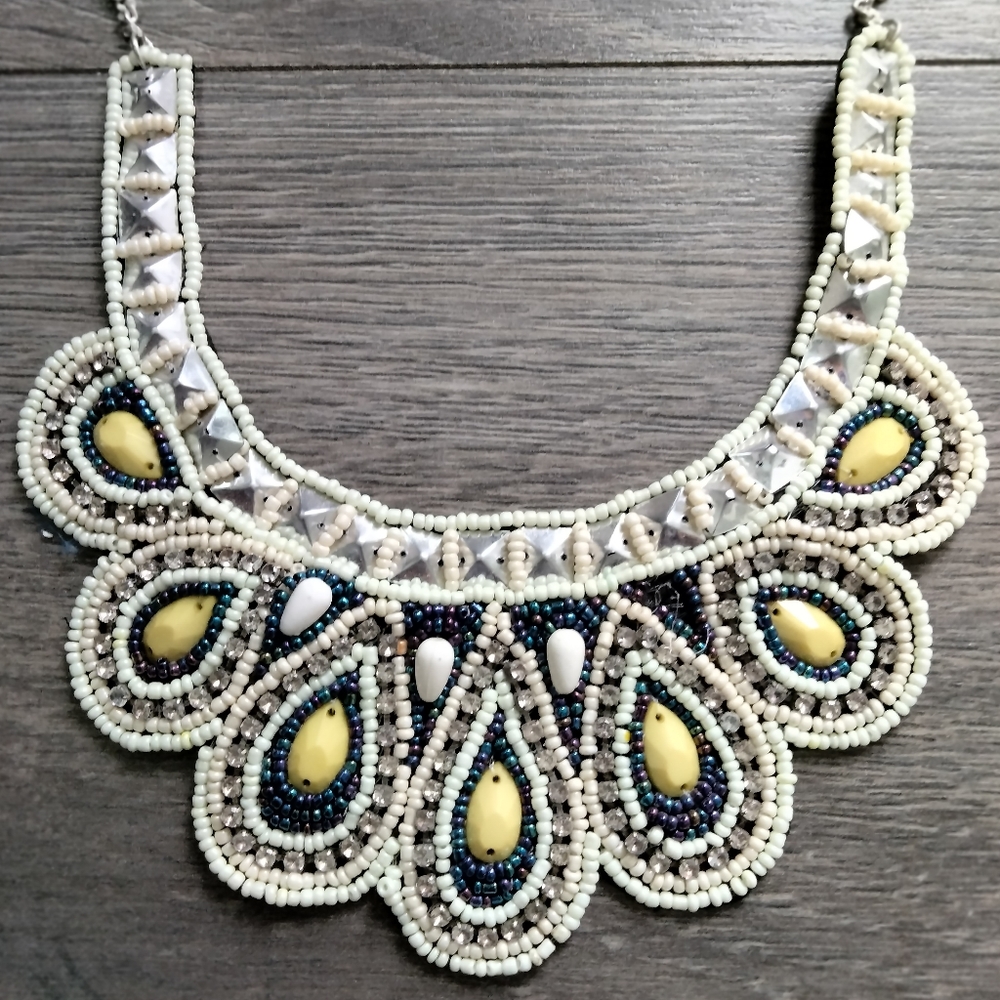 Tanjore Statement Piece Vibrant Colors Bib Style Necklace Silvertone - Picture 1 of 10